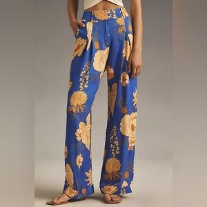 FARM Rio Blue Wide-Leg Floral Pants with Yellow/Gold Blooms